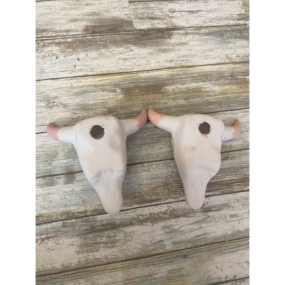 Set of 2 Vintage Ceramic Bull Skull Wall Decor Pair Southwestern Boho Pastel - Picture 9 of 10